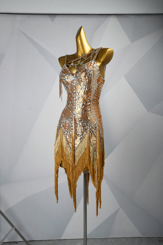 MINEJAS.F1226 Gold Metallic Fabric Heavy Embellished Latin Competition Dress - Mine·Jas