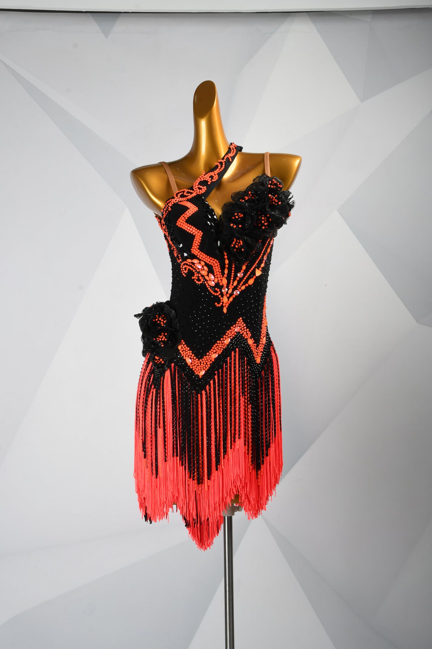 MINEJAS.F1126 Black & Orange 3D Floral Dynamic Fringe Latin Competition Dress
