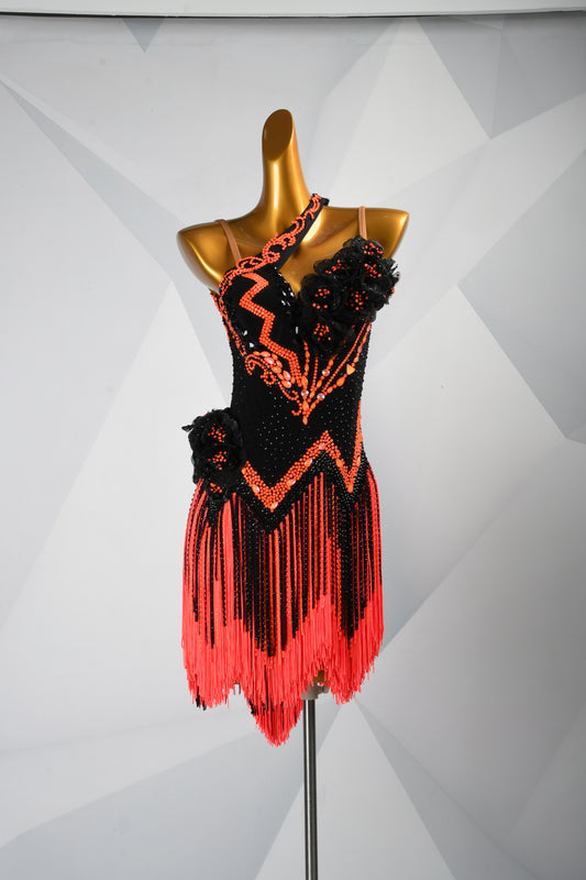 MINEJAS.F1126 Black & Orange 3D Floral Dynamic Fringe Latin Competition Dress