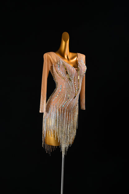 MINEJAS.L061F Nude Sparkle Latin Performance Skirt - Rhinestone Accent Dancewear