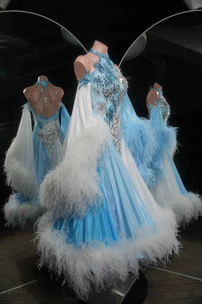 PEI.B001 Luxury Standard Ballroom Dance Dress Rhinestone Feather