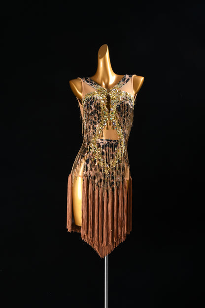 MINEJAS.F726 Leopard Print Coffee Brown Fringe & Beaded Latin Competition Dress