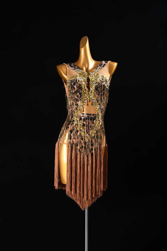 MINEJAS.F726 Leopard Print Coffee Brown Fringe & Beaded Latin Competition Dress