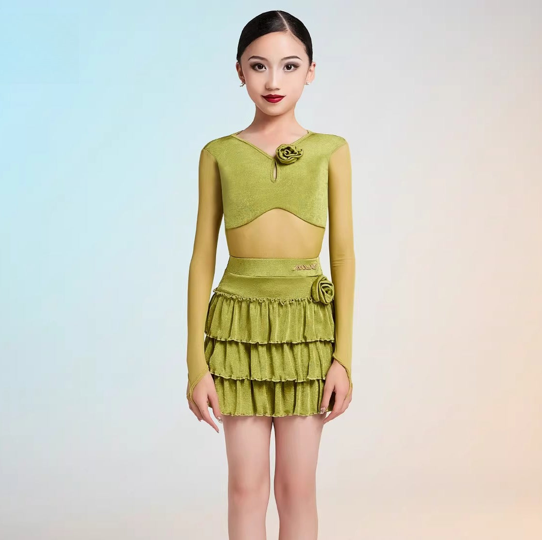 MLX gold 102/202 children's new long-sleeved Latin dance practice clothes children's dance cake skirt performance clothes - Mine·Jas