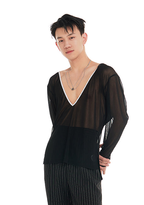 DUYQ "Black and White" Men's 011 Deep V Long Sleeve Top Adult National Standard Latin Dance Practice Performance Clothing Professional