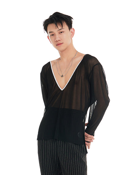 DUYQ "Black and White" Men's 011 Deep V Long Sleeve Top Adult National Standard Latin Dance Practice Performance Clothing Professional