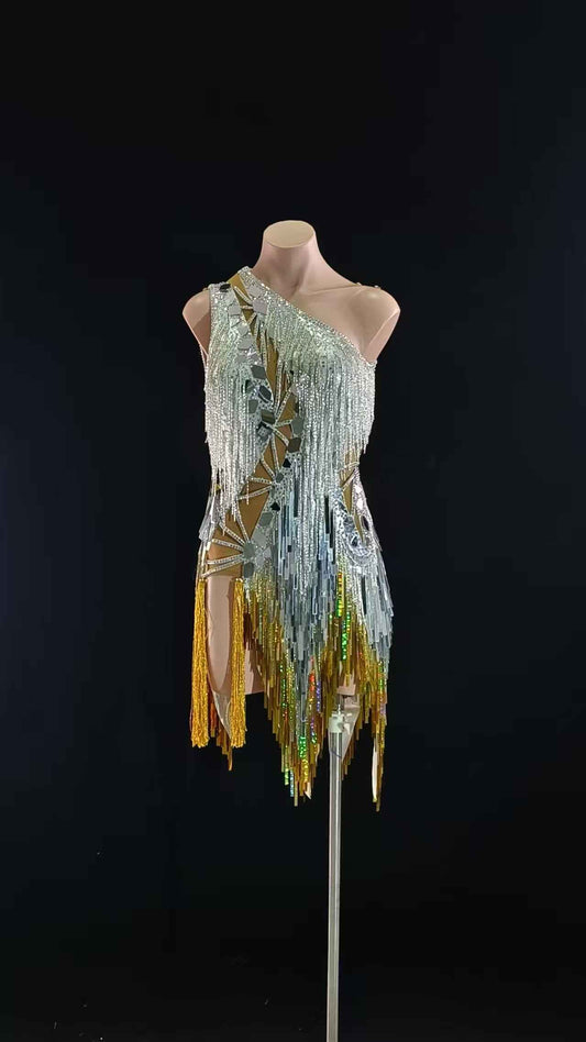 MINEJAS.L069 Silver Gold Fringe Latin Samba Stage Costume