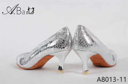 ABA DANCE.A8013 Silver Leather Women's Ballroom Social dance Shoes | Elastic Strap Stylish Flats