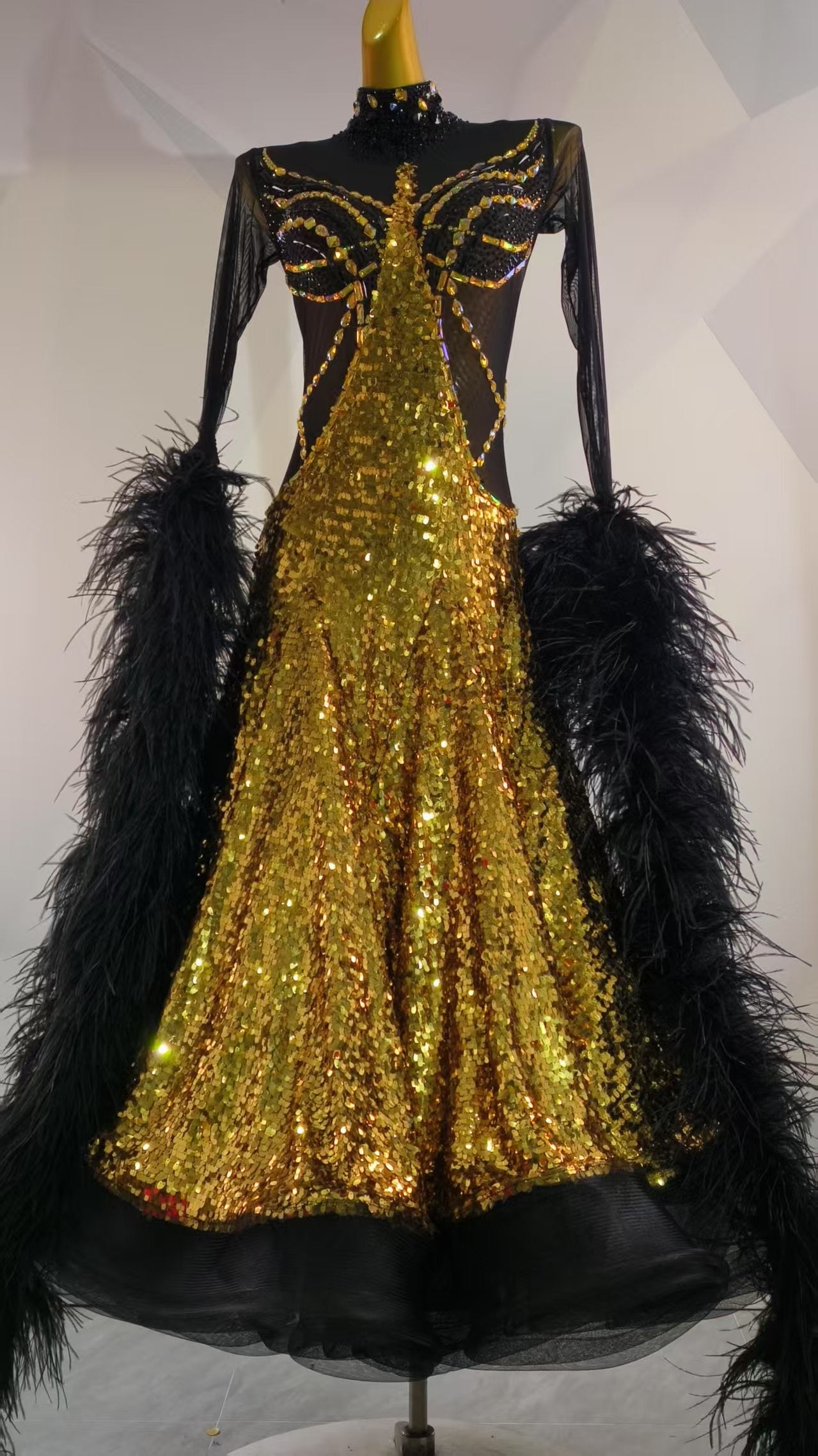 PERMINO.B038F Gold Sequin Black Feather Ballroom Competition Dance Dress for Women - Mine·Jas
