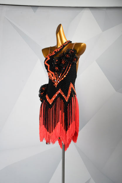 MINEJAS.F1126 Black & Orange 3D Floral Dynamic Fringe Latin Competition Dress