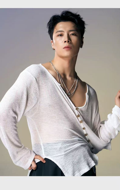 DUYQ.New Men-020 V-neck Long-sleeve Color-block Striped Top - Professional Men's Standard Latin Dance Practice Wear