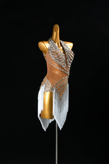 MINEJAS.F1626 Nude Tone & White Fringe Designer Latin Dance Dress - Mine·Jas