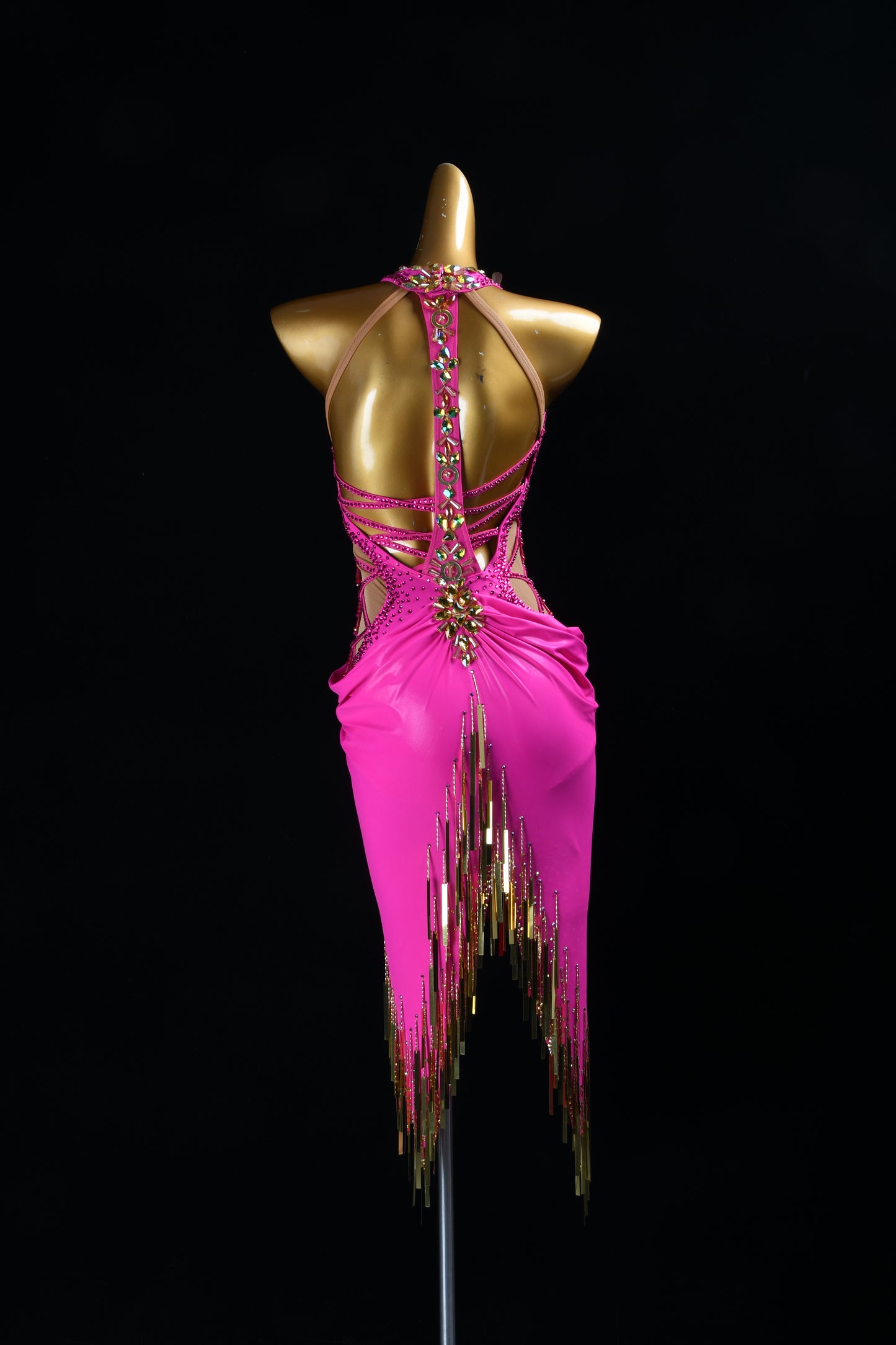 MINEJAS.F1826 Bright Pink & Gold Mid-Length Latin Competition Dress