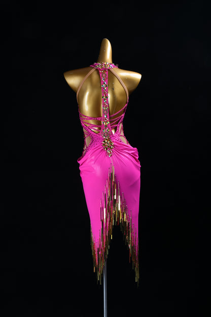 MINEJAS.F1826 Bright Pink & Gold Mid-Length Latin Competition Dress