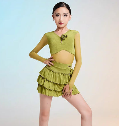 MLX gold 102/202 children's new long-sleeved Latin dance practice clothes children's dance cake skirt performance clothes - Mine·Jas