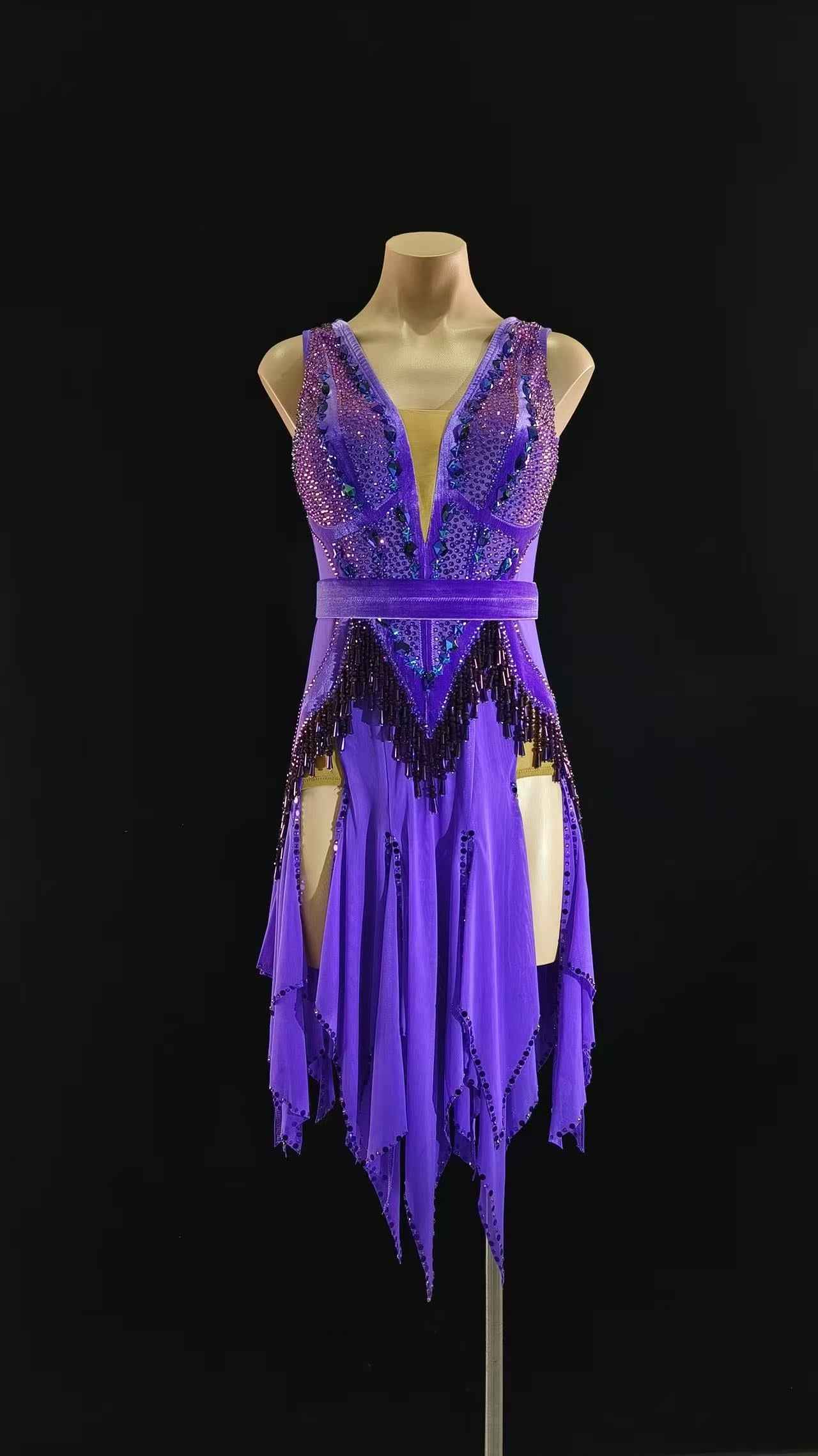 MINEJAS.L068 Purple Rhinestone Fringe Latin Competition Dress