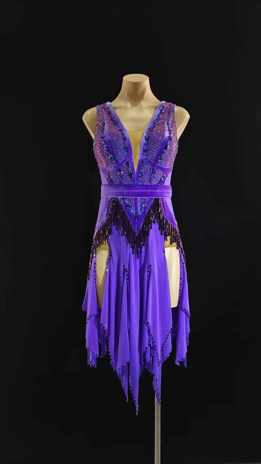 MINEJAS.L068 Purple Rhinestone Fringe Latin Competition Dress