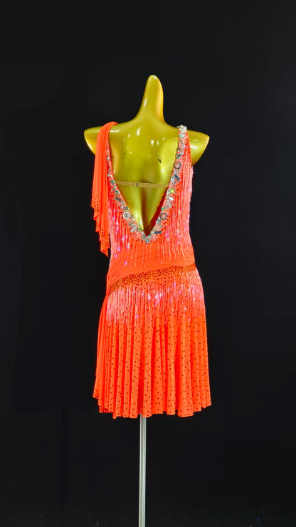 MINEJAS.L069 Orange Latin Dance Dress with Fringes and Rhinestone Embellishments