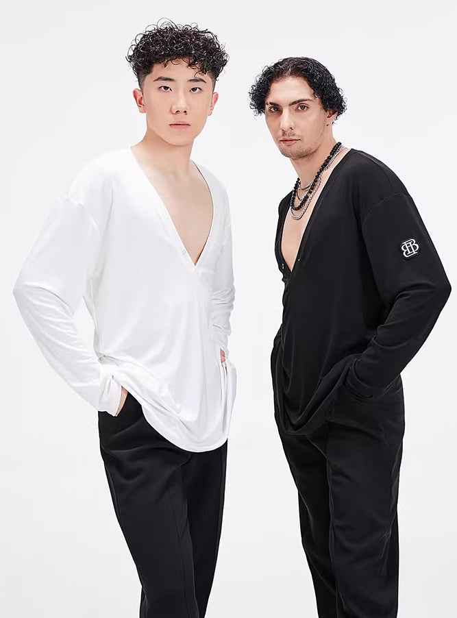 BOBO Boys Latin Dance Suit V-Neck Long Sleeve T-Shirt Men's Ballroom Dance Professional Latin Practice Suit Dance Top