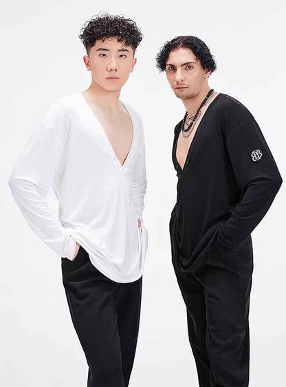 BOBO Boys Latin Dance Suit V-Neck Long Sleeve T-Shirt Men's Ballroom Dance Professional Latin Practice Suit Dance Top