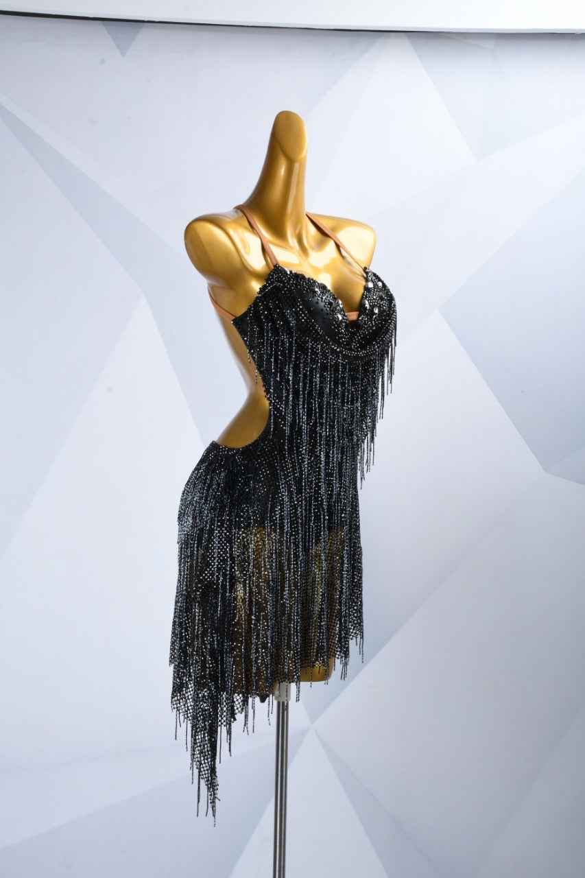 MINEJAS.L057 Black Rhinestone Fringe Latin Bachata Dance Dress