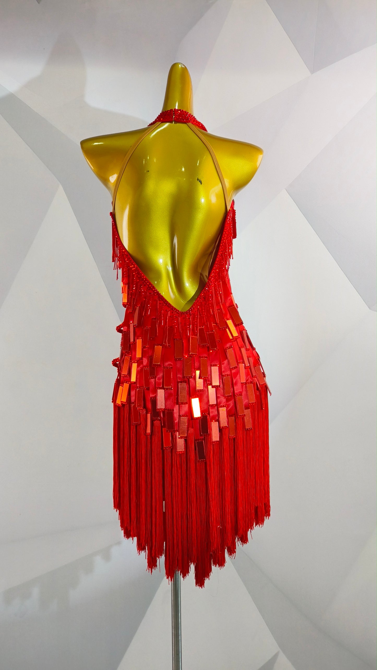 MINEJAS.F1426 Red Mirror Sequin Fringe Dynamic Latin Dance Dress