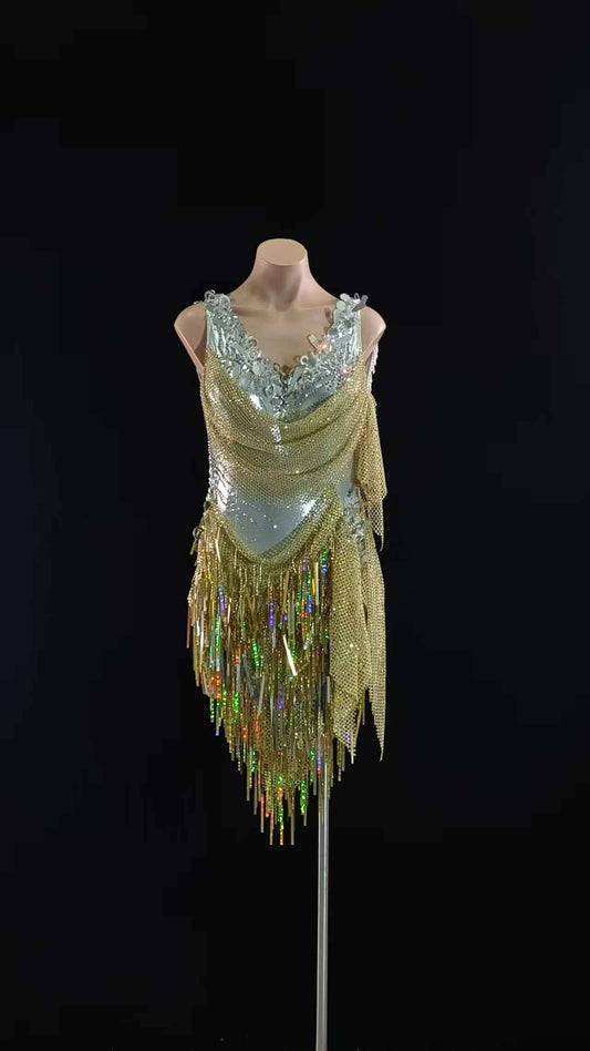 MINEJAS.L056 Gold Sequin Fringe Latin Samba Stage Dance Gown