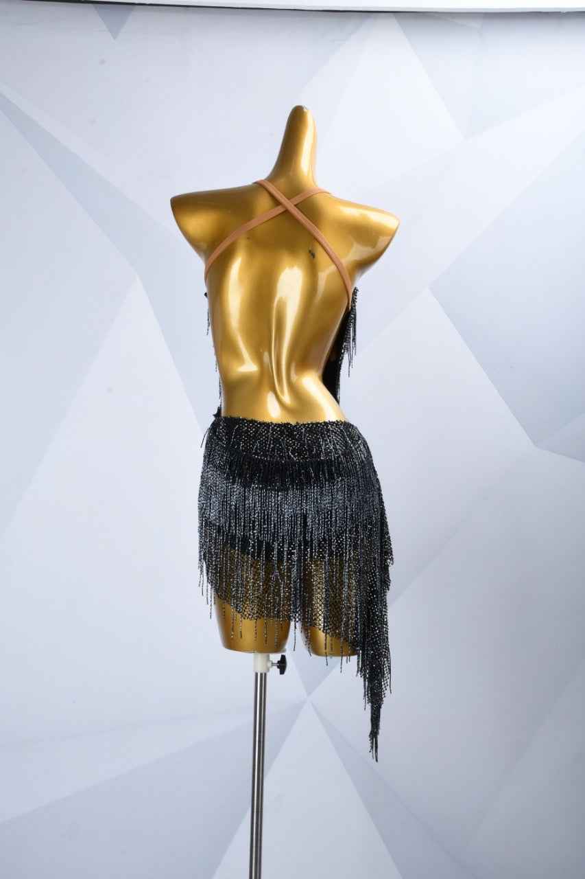 MINEJAS.L057 Black Rhinestone Fringe Latin Bachata Dance Dress
