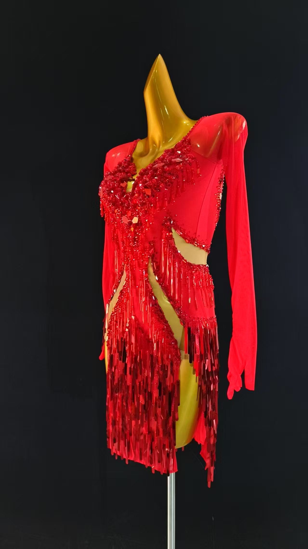 MINEJAS.L022 Red Latin Dance Dress with Long Sleeves and Sequin Fringe – Women’s Ballroom Competition Costume