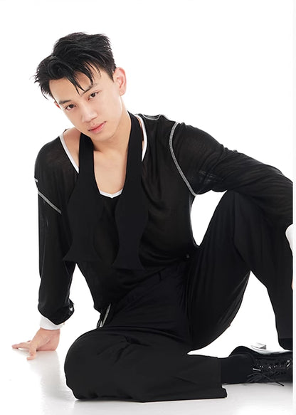 DUYQ "Black and White" Men's 005 Small V-neck Long Sleeve Top Adult National Standard Latin Dance Basic Practice Suit