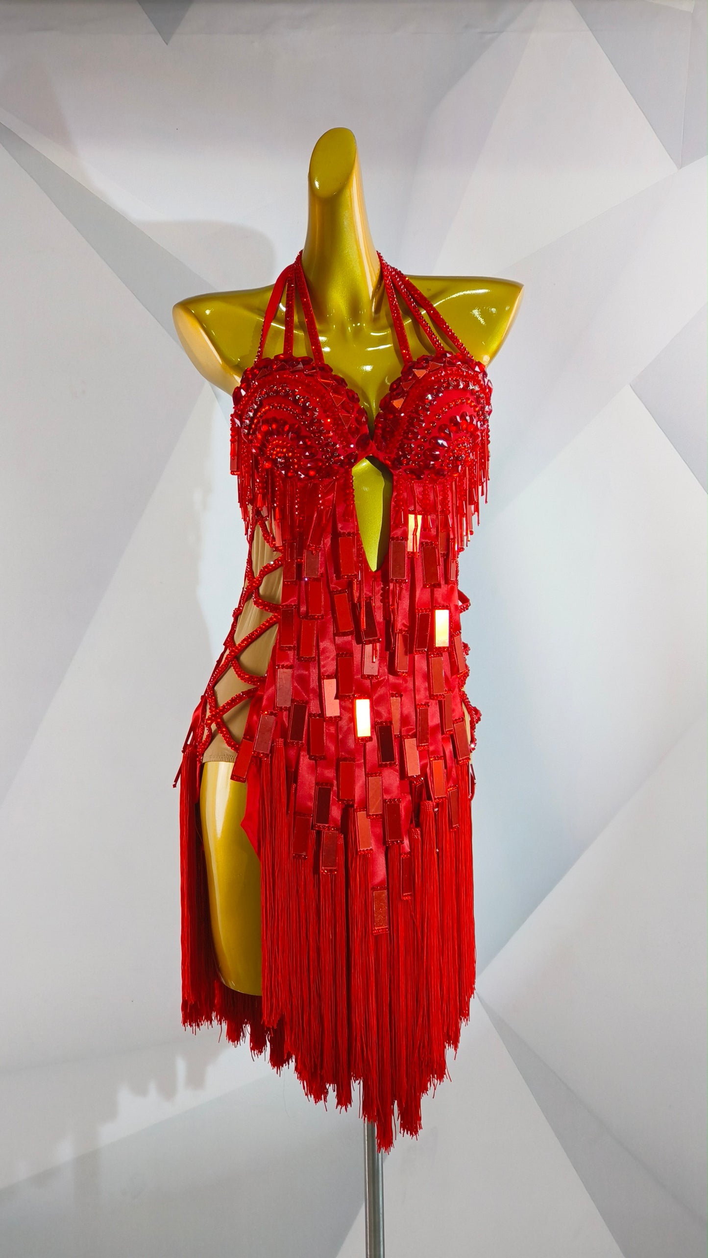 MINEJAS.F1426 Red Mirror Sequin Fringe Dynamic Latin Dance Dress