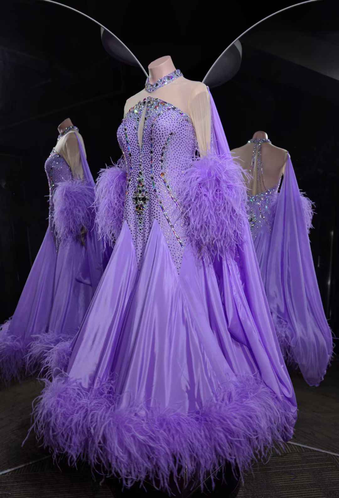 PEI.B010 Gorgeous Lavender Ballroom Dance Dress with AB Rhinestones & Feather