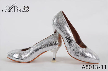 ABA DANCE.A8013 Silver Leather Women's Ballroom Social dance Shoes | Elastic Strap Stylish Flats