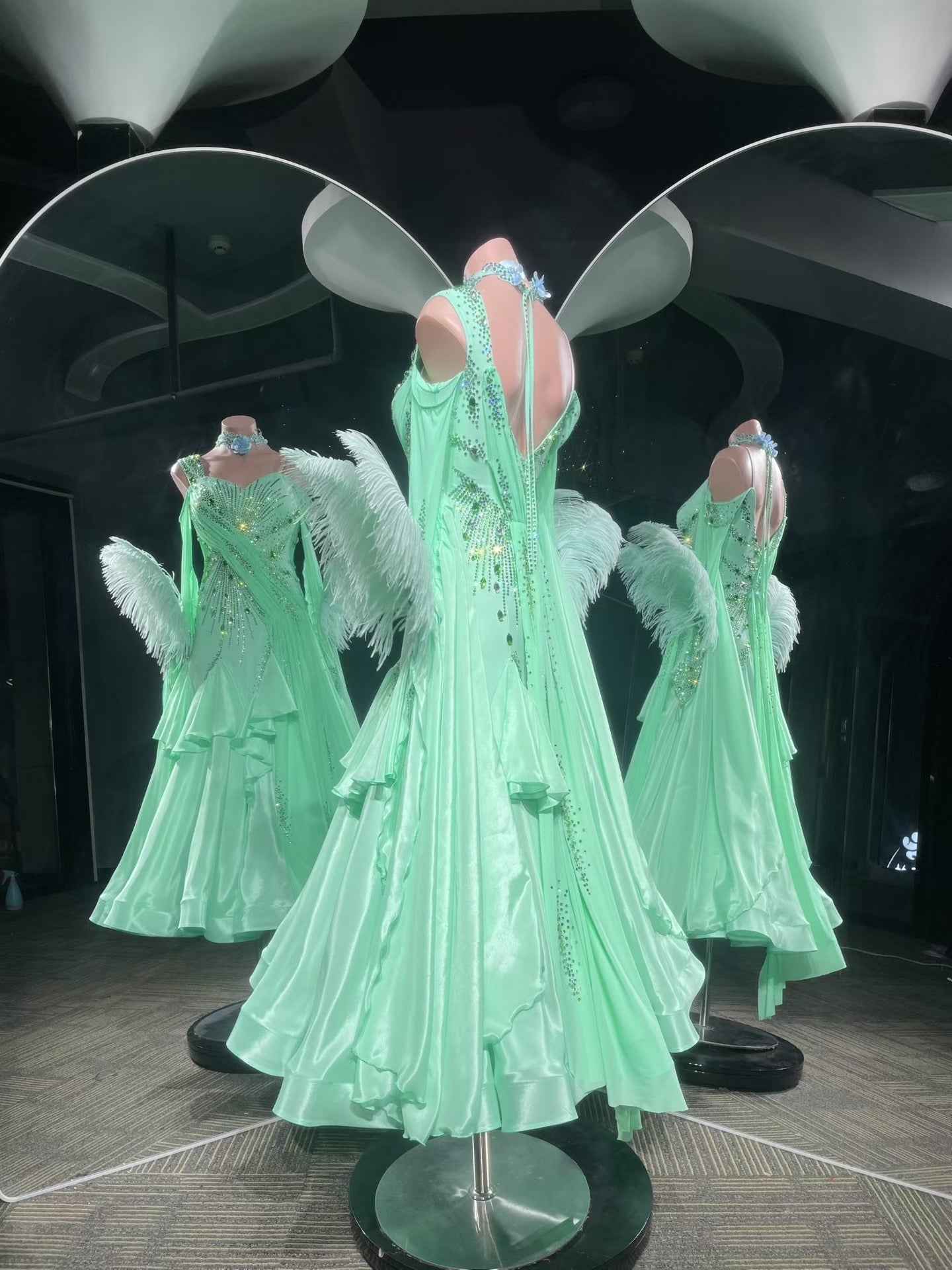 PEI.B014 Mint Green Feather Rhinestone Ballroom Dance Dress