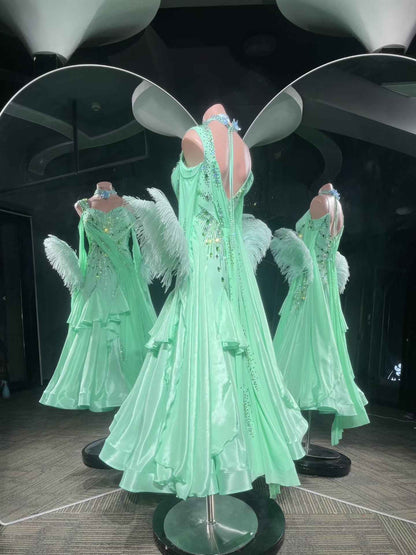 PEI.B014 Mint Green Feather Rhinestone Ballroom Dance Dress
