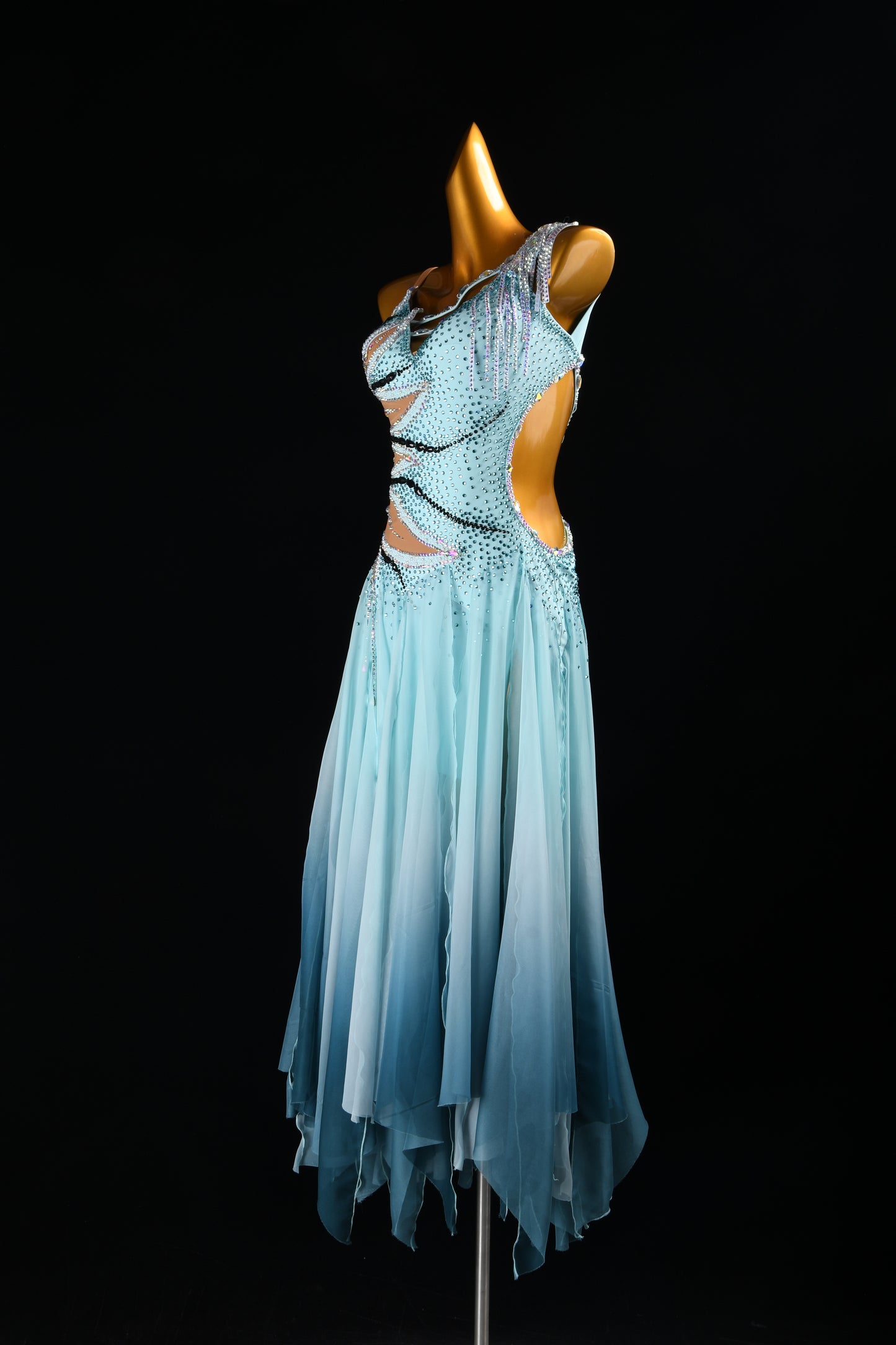 MINEJAS.2626 American Ballroom Competition Dress | Peacock Blue Ombre & Dramatic Asymmetrical Skirt