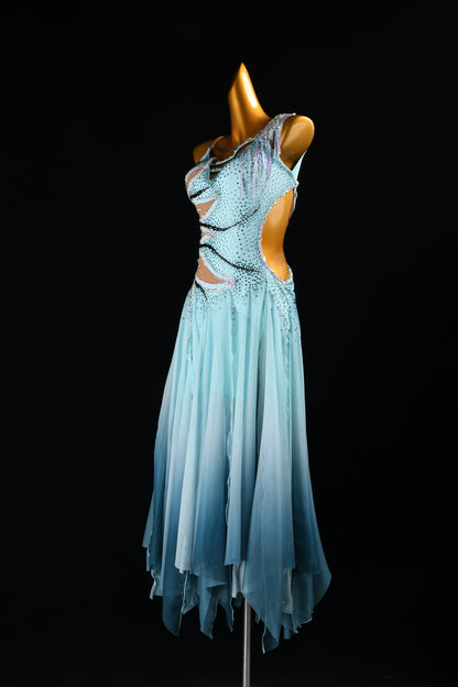 MINEJAS.2626 American Ballroom Competition Dress | Peacock Blue Ombre & Dramatic Asymmetrical Skirt