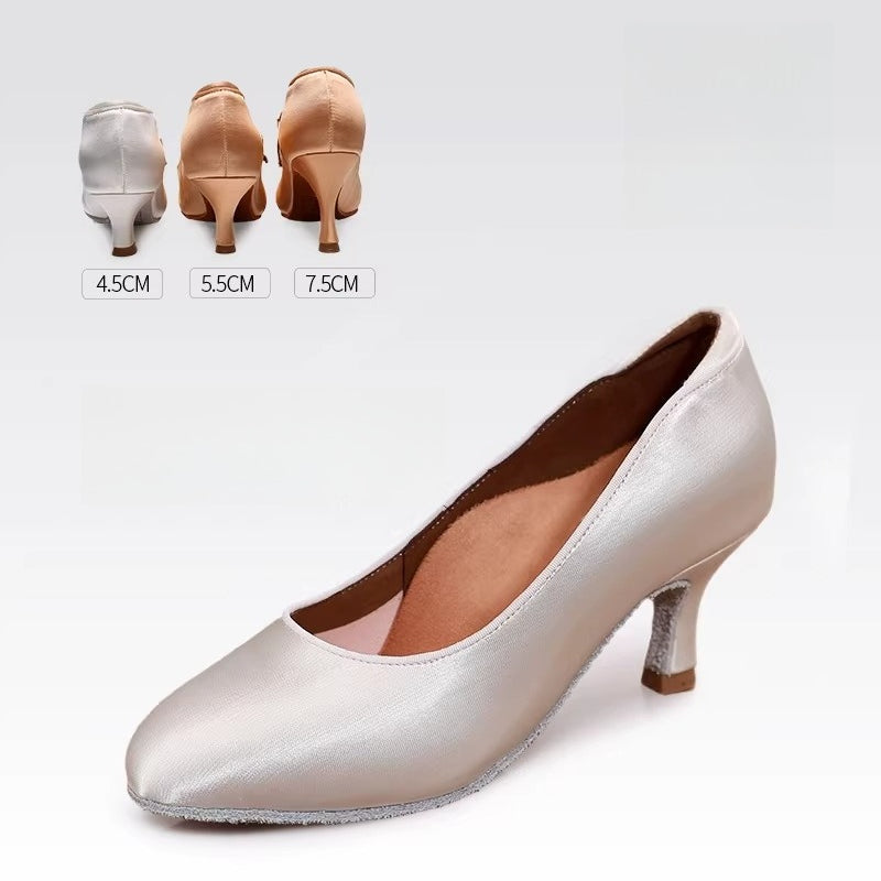 DRH-205 Women's Round Toe Ballroom Dance Soft Sole Practice Shoes for Tango & Waltz, Satin Upper, Wide Fit, No Strap - Mine·Jas