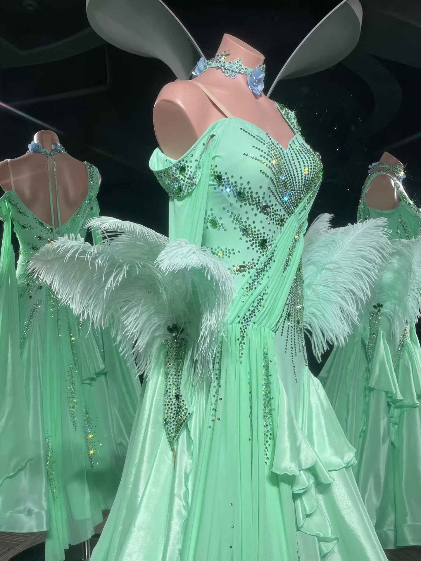 PEI.B014 Mint Green Feather Rhinestone Ballroom Dance Dress