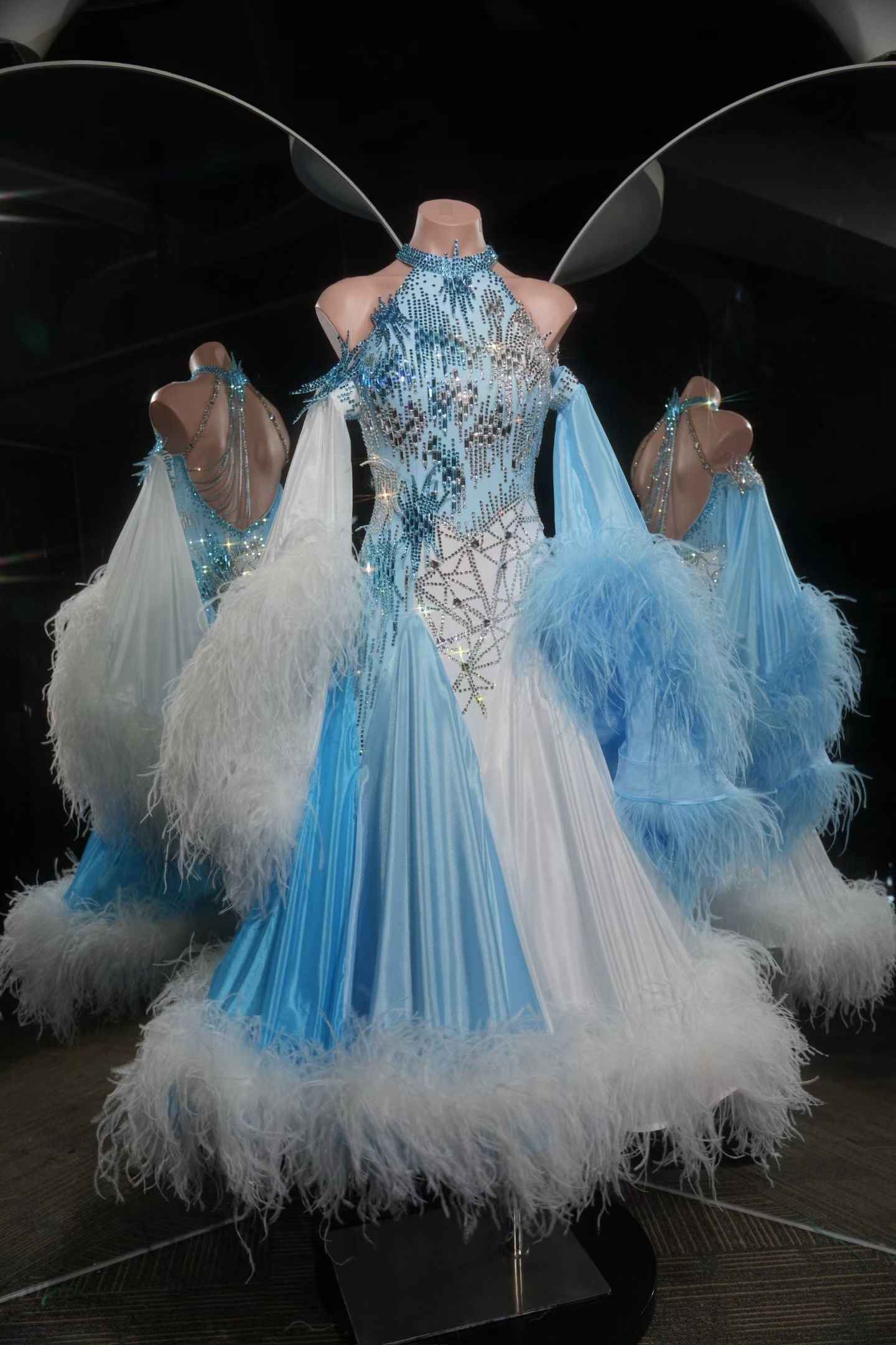 PEI.B001 Luxury Standard Ballroom Dance Dress Rhinestone Feather