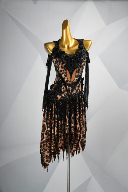 MINEJAS.2826 Leopard Print Latin Dance Dress | Long Sleeves, Asymmetrical Skirt & 3D Floral Appliques | Women's Competition Dress