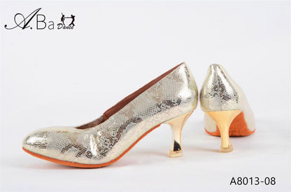ABA DANCE.A8013 Gold Leather Women's Ballroom Social dance Shoes | Elastic Strap Stylish Flats