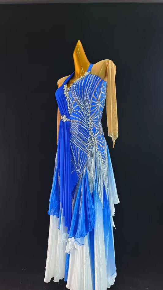 MINEJAS.S108P Royal Blue Ombre Ballroom Dance Dress with Crystal Embellishments