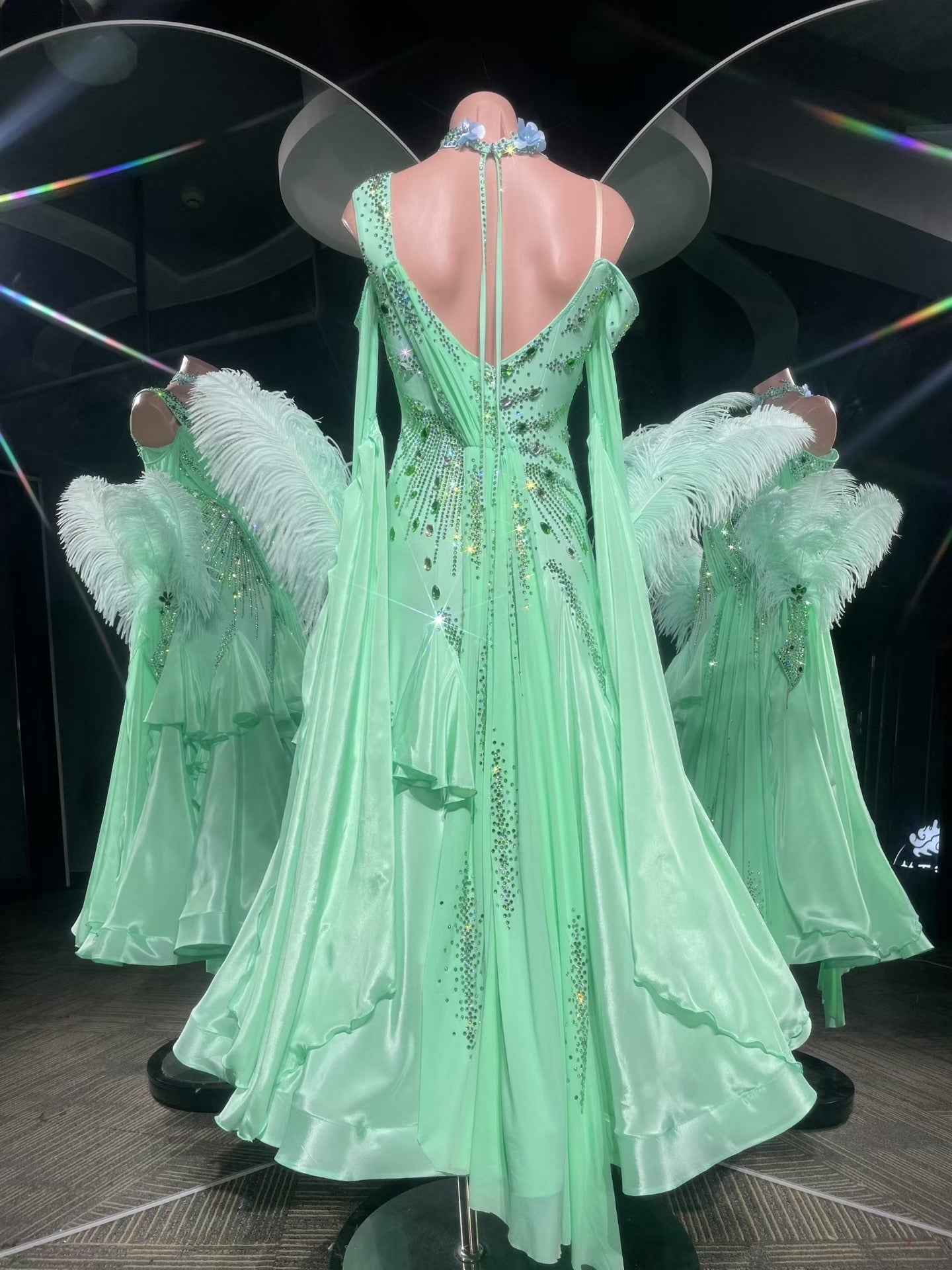 PEI.B014 Mint Green Feather Rhinestone Ballroom Dance Dress