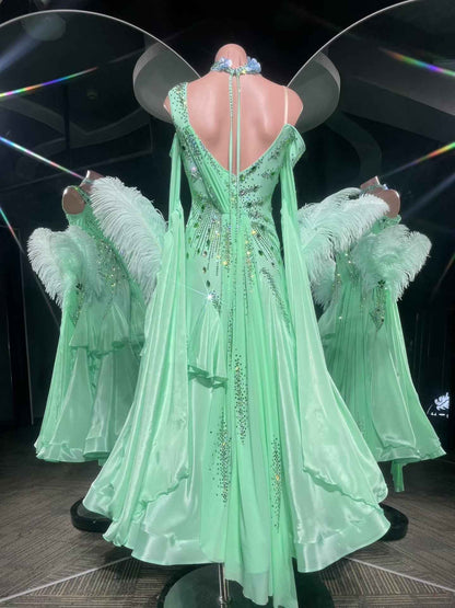 PEI.B014 Mint Green Feather Rhinestone Ballroom Dance Dress
