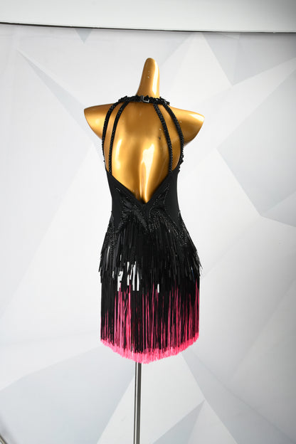 MINEJAS.F1526 Black Line Design with Pink Fringe Latin Dance Dress