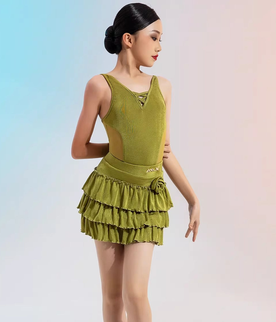 MLX gold 133/202 children's Latin dance costume girls suspender top cake skirt dance training performance practice clothing - Mine·Jas