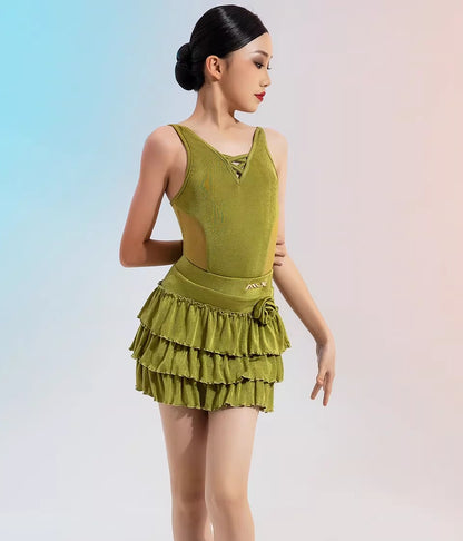 MLX gold 133/202 children's Latin dance costume girls suspender top cake skirt dance training performance practice clothing - Mine·Jas