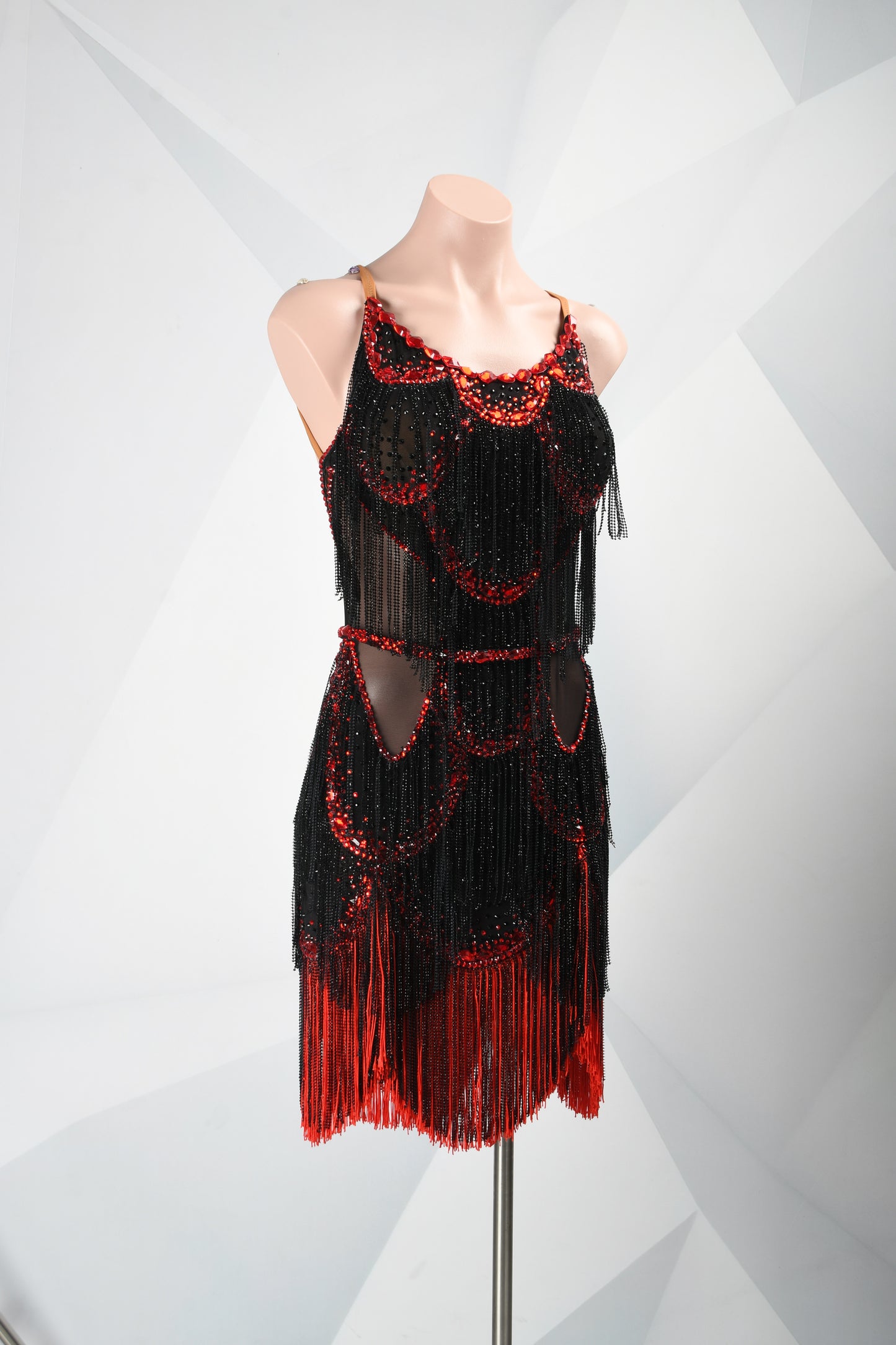 MINEJAS.F526 Black & Red Layered Fringe Latin Competition Dress - Mine·Jas