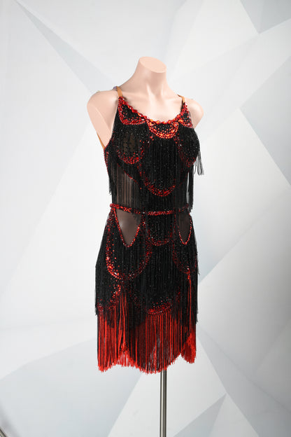 MINEJAS.F526 Black & Red Layered Fringe Latin Competition Dress - Mine·Jas